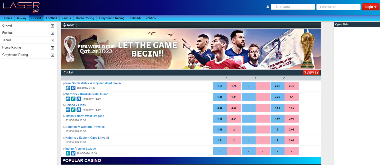 Laser247 Cricket Betting Dashboard